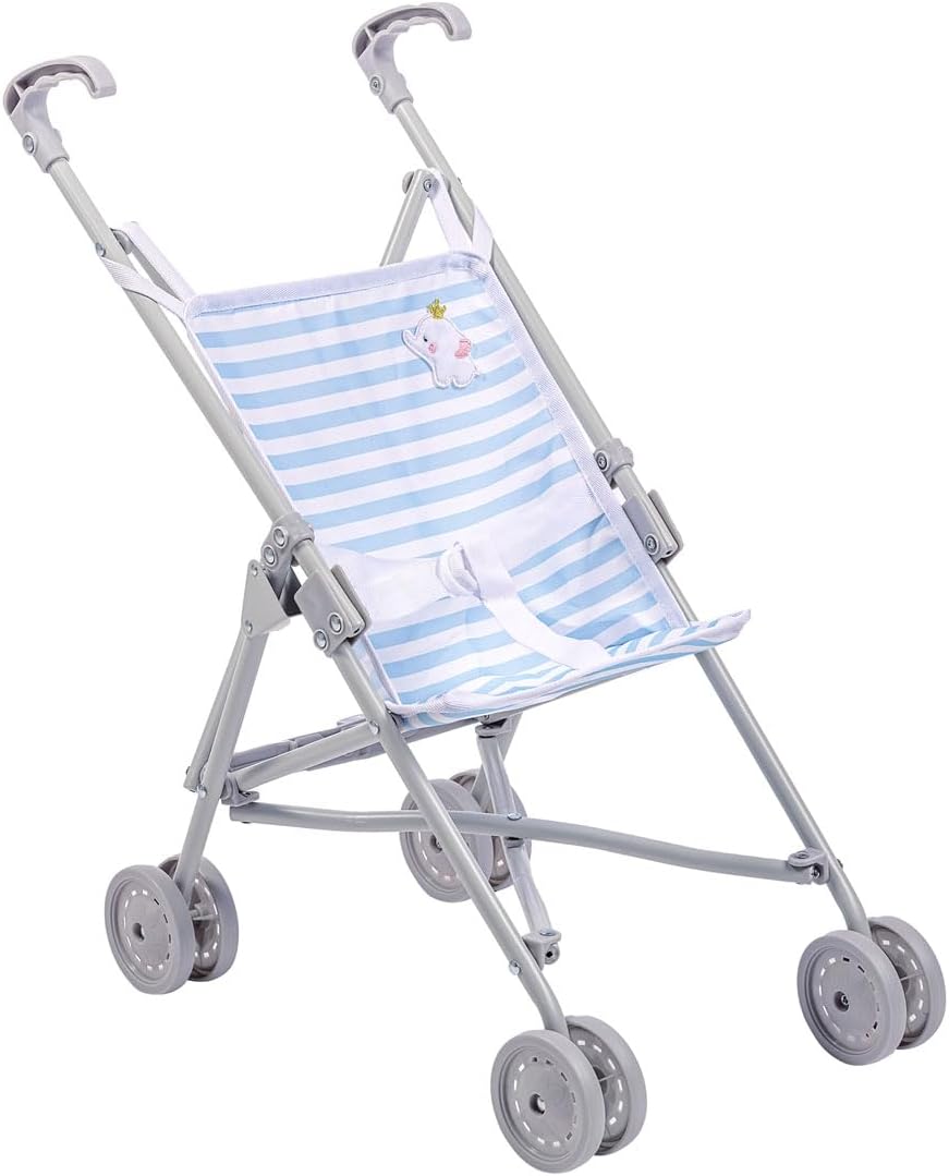 JC Toys Boutique | Folding Umbrella Doll Stroller for Children 2 Years Plus, Blue Stripes and Soft Embroidery | Sturdy Metal Frame | Pretend Play with Dolls up to 18” Long | Seat Belt