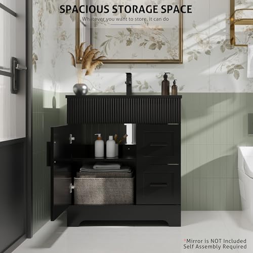 Image of eclife 30 inch Bathroom Vanities Sink Combo with Painted Surface, Modern Drawered Cabinet W /Decorative Wave Lines, Undermount Single Black Sink, Matte Black Faucet Drain, Black