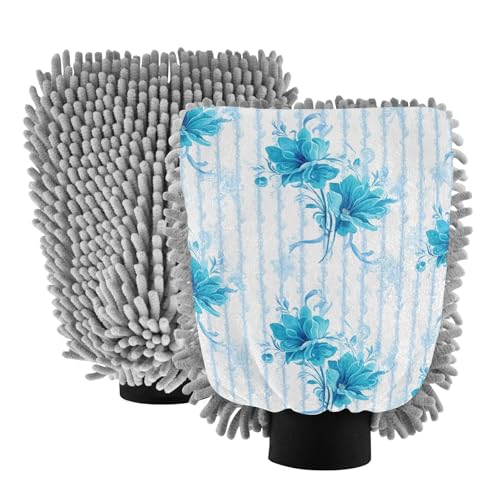 STAYTOP Blue Flowers Car Wash Mitt Microfiber, 2Pcs Scratch Free Lint-Free, Premium Chenille Microfiber Mitt Car Wash Brush-M