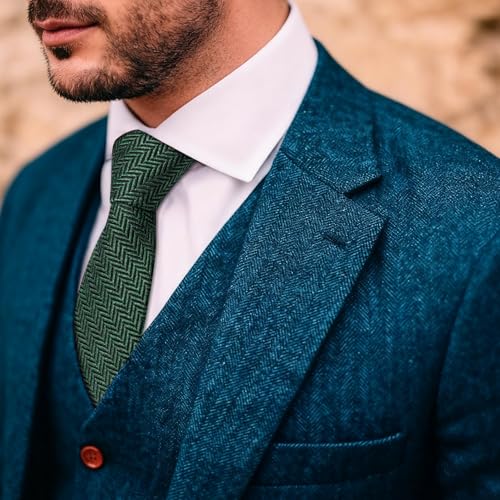 Image of Barry.Wang Skinny Ties for Men Wool Blend Herringbone Necktie with Tie Clip | Tie and Tie Clip Set, Cashmere Wool Stripe, 2.76 x 63 Inches, Extra Long Slim, Wedding Work Party Classic
