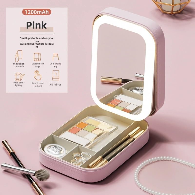 Cosmetic storage box with light mirror integrated dresser desktop skincare organizer Dustproof portable box (Cherry blossom powder storage box)
