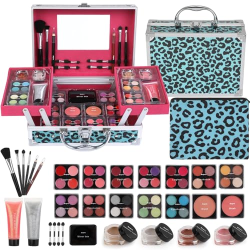 Anpro Estuche de Maquillaje Todo en Uno con Diseño Leopardo, Incluye Set de Maquillaje Profesional para Adolescentes, Pinceles, Paleta de Sombras, Regalo Ideal para Niñas - Azul Leopardo