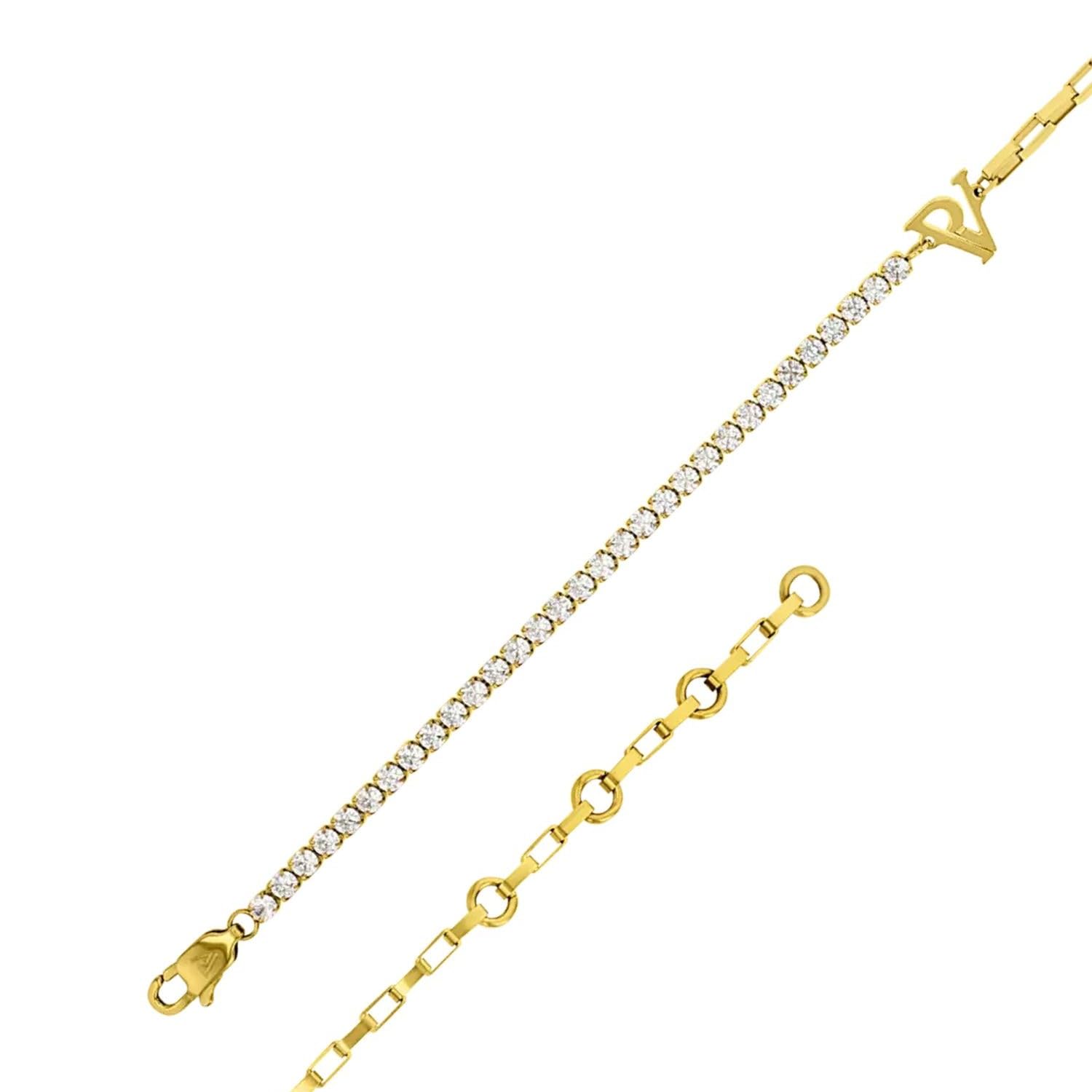 PAUL VALENTINE - Damen Fußkette Edelstahl - mit Zirkonia Stein - PV Logo Anhänger