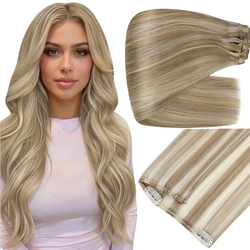 Image of Full Shine Thick Clip in Hair Extensions Real Human Hair, 22 Inch 220g 7Pcs | Dark Blonde Mix Light Blonde Highlights Clip ins for Women, Invisible Straight Hair for Volume, Long Layered Styles