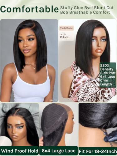 Image of KLAIYI Bye Bye Slip Straight Bob Wigs Human Hair Side Part Glueless Precut 6x4 Lace Front Wigs Drawstring Pre Plucked Bleached Knots Sleek Blunt Cut 30S Ready to Wear and Go Wig 220% Density 12Inch