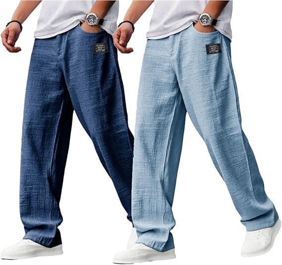 Mokaloha Mens Pants-Casual Hemp Fabric Embroidered Logo Drawstring Loose Elastic Waist Pocket Trousers3