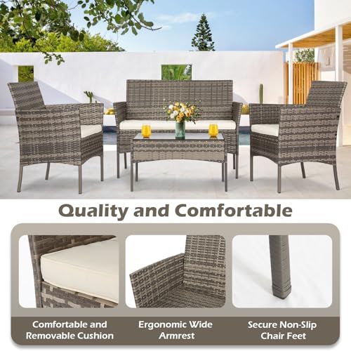 Image of FDW 4-Piece Patio Furniture Set | Gray & Khakhi | Outdoor Wicker Furniture