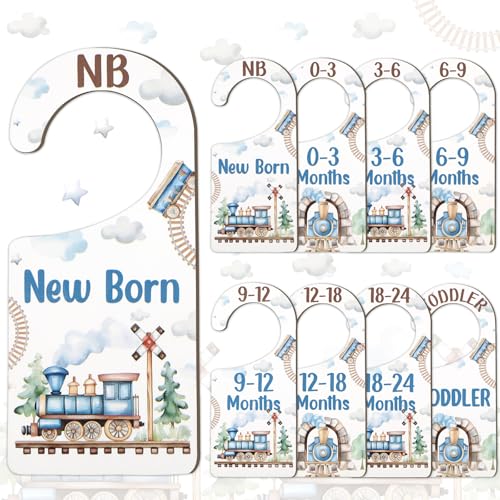 Image of CORNER LACE Baby Closet Dividers 8PCS, Retro Train Themed Wooden Double-Sided Clothes Size Hanger/Organizer from Newborn to Toddler for Nursery Decor Baby Shower Birthday Gender Reveal Party Gift