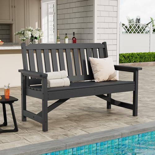 Image of Takywep 2‑Seater HDPE Patio Bench, Weatherproof Outdoor Bench, Garden Slatted Bench for Front Porch, Deck, Lawn, and Pool, Grey