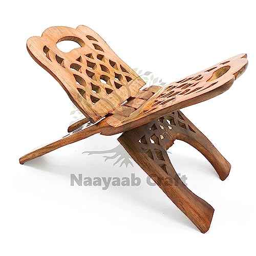 Image of Naayaab Craft Handmade & Handcraft Sheesham Wooden Book Holder Display Stand | Folding Religious Prayer Free Reading Stand with Intricate Carvings| Rehal for Religious Holy Books - Size 13 inch