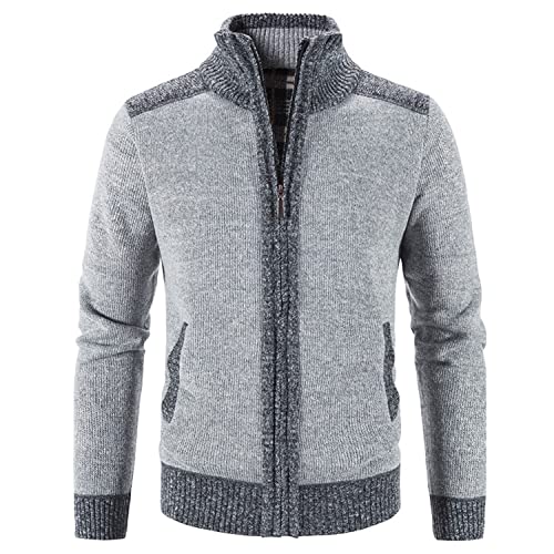 Image of Lu's Chic Men's Long Sleeve Cardigan Sweater Thermal Slim Fit Full Zip Quilted Jacket Business Casual Knit Coats Pocket