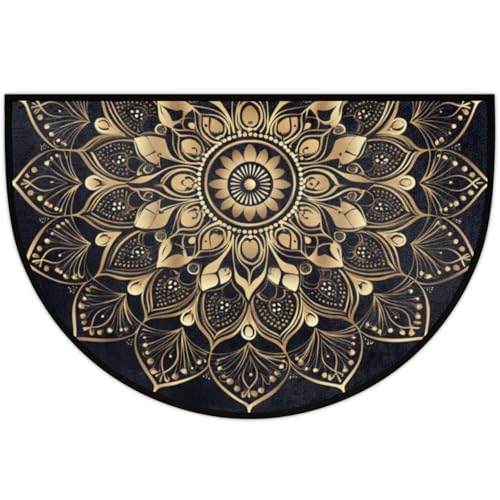 Image of Half Round Doormat Mandala Ethnic Florals Non Slip Half Circle Area Rugs Indoor Washable Half Moon Rug Semi Circle Bathroom Runner Mat Entrance Floor Carpet for Kithen Bedroom Fireplace Decor