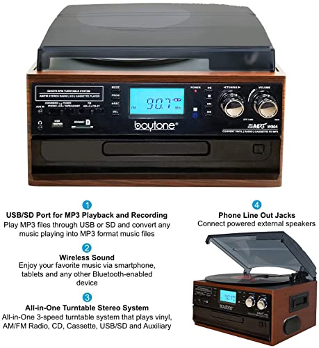 Boytone BT-22MS, Bluetooth Record Player Turntable, AM/FM Radio, Cassette, CD Player, 2 Built in Speaker, Ability to Convert Vinyl, Radio, Cassette, CD to MP3 Without a Computer, SD Slot, USB, AUX - Les Beatles, Paul McCartney, John Lennon, RIngo Starr, George Harrison Boytone BT-22MS, Bluetooth Record Player Turntable, AM/FM Radio, Cassette, CD Player, 2 Built in Speaker, Ability to Convert Vinyl, Radio, Cassette, CD to MP3 Without a Computer, SD Slot, USB, AUX – Image 4