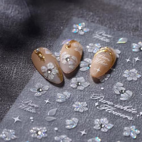 Image of 5D Embossed Flower Nail Stickers for Nails Art Silver Nail Decals Self Adhesive Nail Art Stickers Rhinestone with Design for Women Girls Nails Supplies Manicure Decorations Accessories