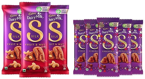 Image of Cadbury Dairy Milk Silk Fruit And Nut Chocolate Bar, 137G (Pack Of 3) & Dairy Milk Silk Valentine Chocolate Bar, 5 X 60 G - 300 Gm