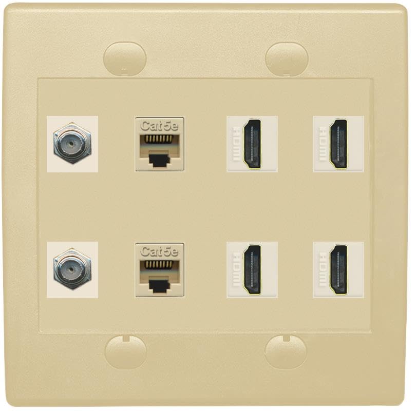 RiteAV 2 Port Coax Cable TV F-Type 2 Cat5e Ethernet 4 HD Wall Plate - Flat 2 Gang [White]