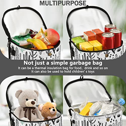 Image of Cactus Car Trash Can Black Green Cacti Tropical Car Garbage Bag with Lid Hanging Waterproof Leak Proof Vehicle Storage Bin