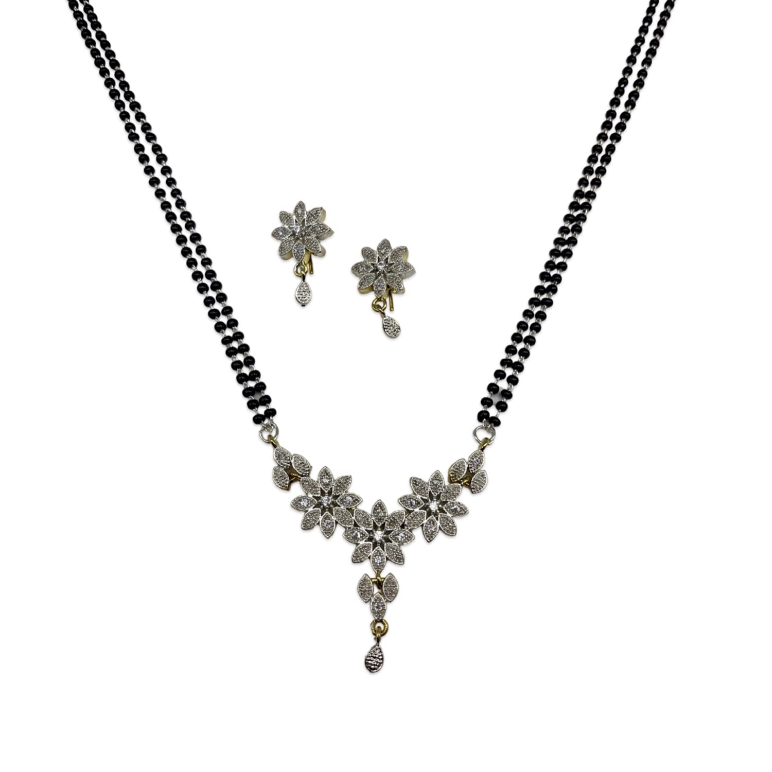 Digital Dress Room Fancy American Diamond Long Mangalsutra Set With Stud Earrings Flower Pendant Designs Silver Plated Maharashtrian Style Two Line Black Beads Chain Designs For Women (27 Inches) (B0BZW8G3CZ) Amazon Price History, Amazon Price Tracker