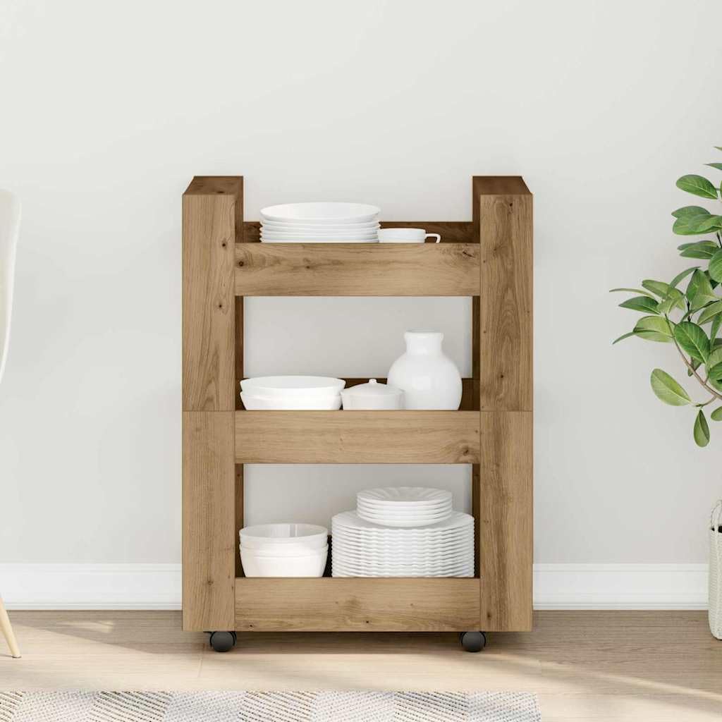 Carrito de cocina de roble Artisan, 60 x 45 x 80 cm, de madera con 4 ruedas, carrito de cocina móvil, carrito de servicio y estantería, ahorra espacio, ideal como isla de cocina