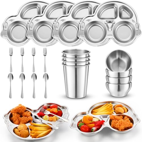 Jinei 20 Pieces Kids Stainless Steel Plates Bowls Set, Car Shaped