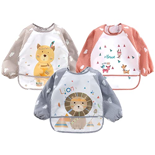 YINGJEE Baberos del Bebé Impermeable, 3 Piezas Babero con Mangas EVA Impermeable Babero de Manga larga Niños Niñas 6-36 Meses, Baberos Bebe...