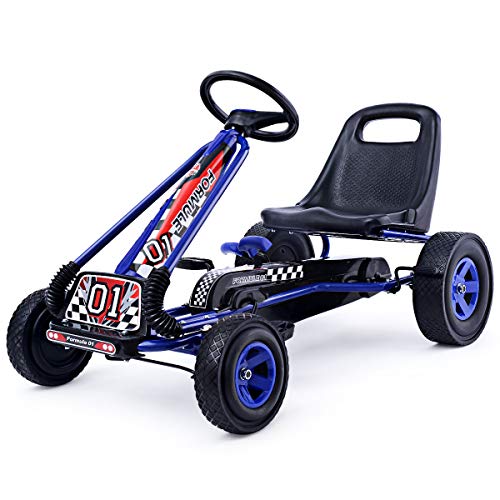 HOMGX Pedal Go Kart, Outdoor Kids Pedal Go Kart with Adjustable Bucket Seat, Steering Wheel, Rubber Wheels, Brake, Adaptable Pedal Car, Pedal Powered Ride On Kart Toys for 3-8Years Boys & Girls (Blue)