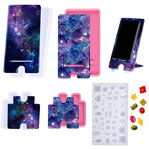 Binjor 5Pcs Moldes para resina epoxi Suave para soporte de teléfono móvil hecha a mano manualidades bricolaje Molde para hacer joyas de cristal Soporte de Silicona Molde de fundición para bricolaje Cover