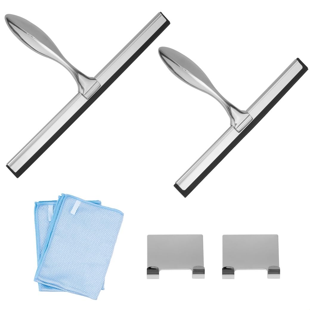 Edelstahl Duschabzieher Set mit Wandhaken, 25,4 cm und 30,5 cm Glasabzieher inklusive Mikrofasertücher für Fenster und Badezimmer