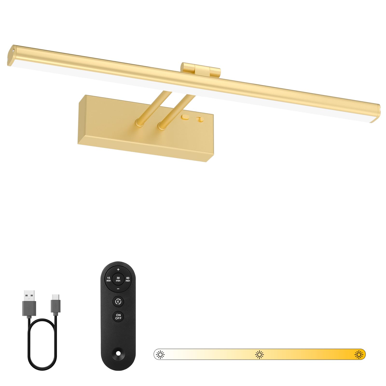 Bath Mirror Wall Light with Remote, 40cm Picture Light Rechargeable 5400mAh Battery, 3 Colors & Adjustable Angle, Dimmable and Timer Art Lamp for Vanity,Display,Bathroom (Gold, 40cm)