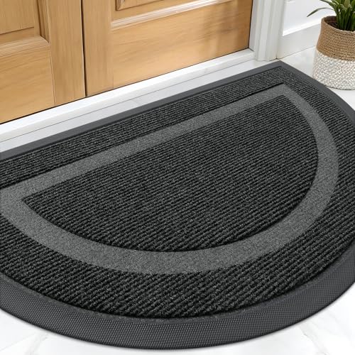 OLANLY Half Circle Door Mat Indoor Outdoor Entrance Welcome Waterproof All-Season All-Weather Doormat Sturdy Natural Rubber Low Profile Easy Clean Patio Porch Entryway Mat 29.5x17 Black