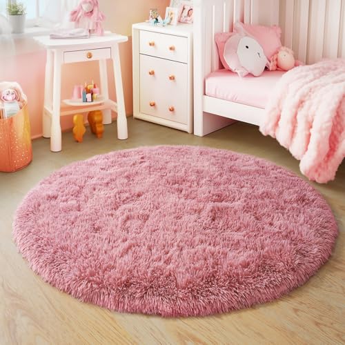 3'x3' Blush Round Rugs for Girls Bedroom, Ultra Soft Fluffy Circle Rug for Kids Room, Cute Small Shag Rugs for Living Room Playroom Tent Castle Home Decor Rug