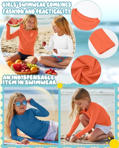 Image of 3 Pack Girls Rash Guard Swim Shirts 5-14Y UV Sun Protection Long Sleeve Thumb Hole Quick Dry T-Shirts UPF 50+ Tees