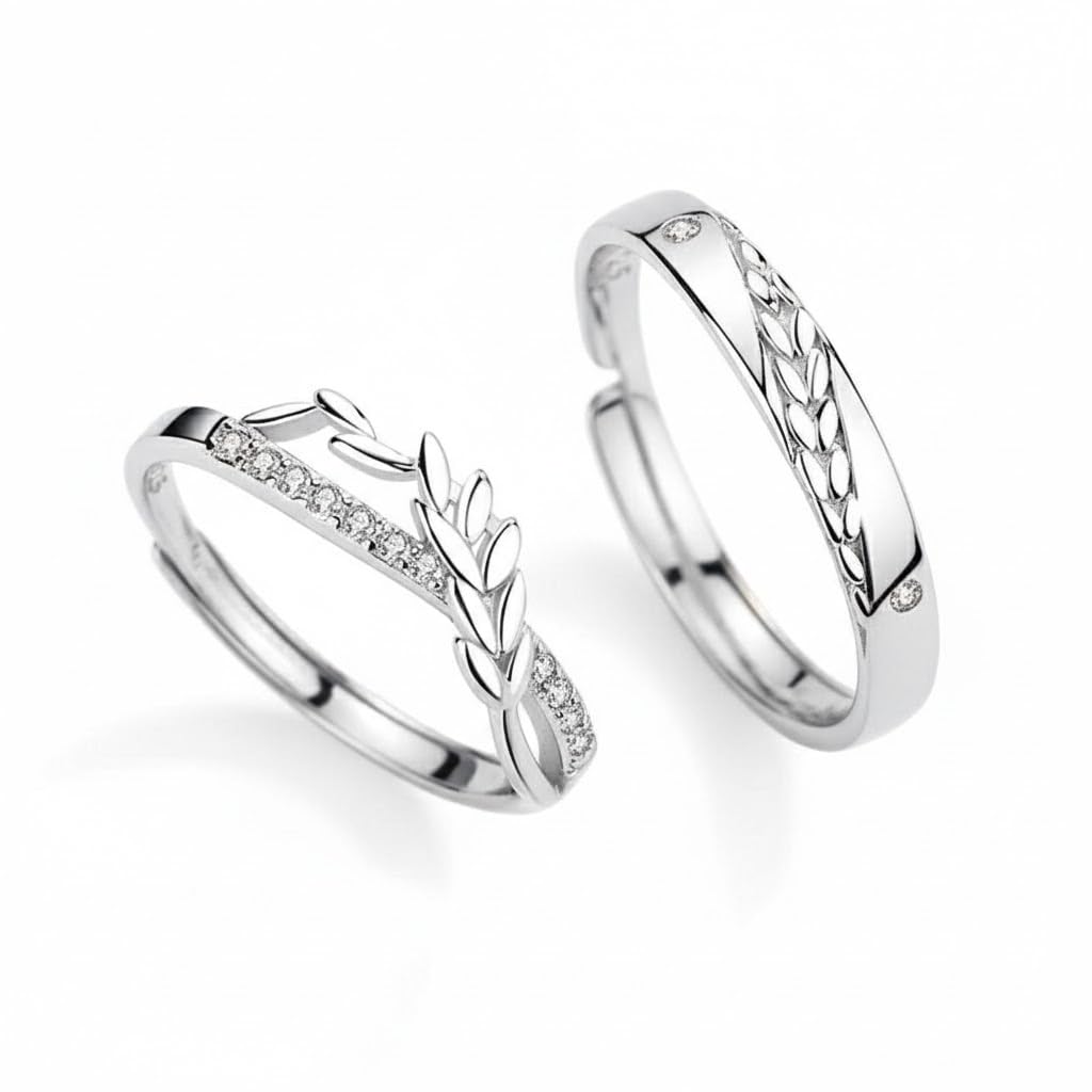 ringzinnie Silver Leaf Design Couple Rings for Him & Her | Matching Promise Rings with Diamond Accents | Adjustable Engagement Anniversary Rings | Romantic Gift Jewelry Set