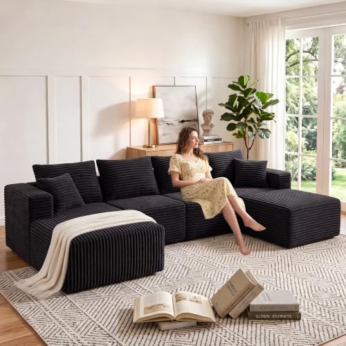Image of 118 inch Boneless Couch, U-Shaped Sectional Sofa for Living Room - Black