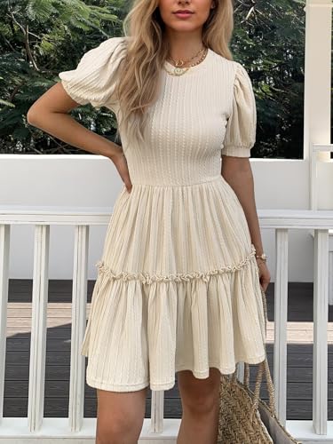 Image of Mieazom Women's Puff Sleeve Ruffle Dress, Brown Cotton Blend Mini Dress with Pockets, Elastic Waist & Flowy Fit