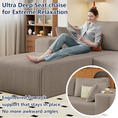 Image of 96 inch Modular Sectional Sofa, Modern Corduroy Cloud Couch with Deep Seat, Boneless Couch Upholstered 3-Seater L-Shaped Sofa for Living Room, No Assembly Required (Camel, Left-Facing Chaise)