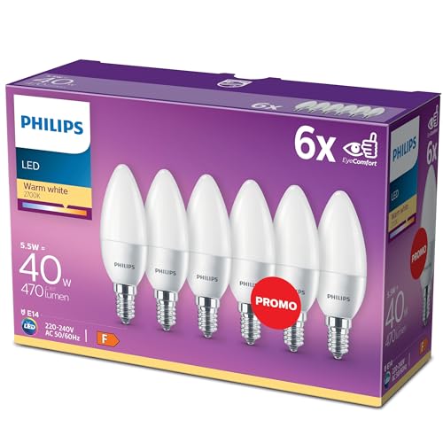 Philips Bombillas LED Vela E14, 5.5 W equivalentes a 40 W en incandescencia, 470 lúmenes, luz blanca cálida, Pack de 6