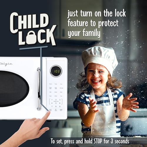 Nostalgia Retro 1000W Microwave Oven 1.1 Cu Ft Capacity – Child Safety Lock, 8 Auto-Cook Settings – Countertop Kitchen Appliance – White