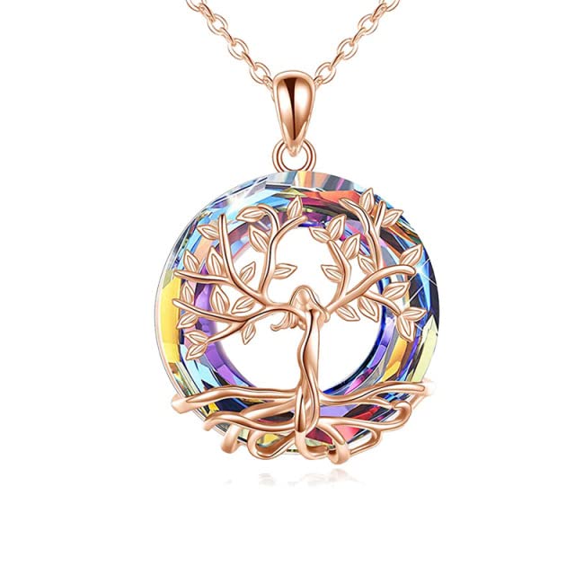 DYFUHOTree of Life Round Necklace Rainbow Crystal Tree Necklace with Circle Crystal Pendant for Women