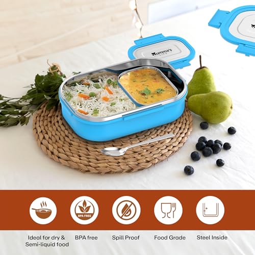 Image of Mumma's LIFE Stainless Steel Tiffin Box with 4 Side Lock Lid, 910 ml and Inner Stainless Steel Container, 135 ml, Food Grade | Air Tight | Easy to Carry | Leak Proof (Kiddy Lunch Box Blue)