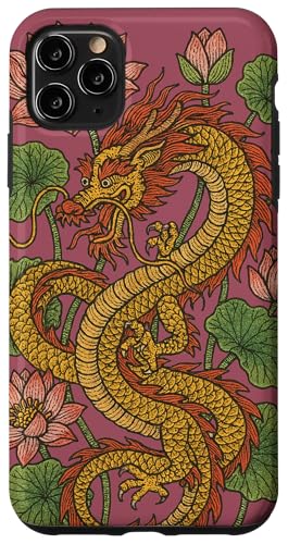 中国のドラゴンと蓮の花 フローラルドラゴン スマホケース iPhone 11 Pro Max 用
