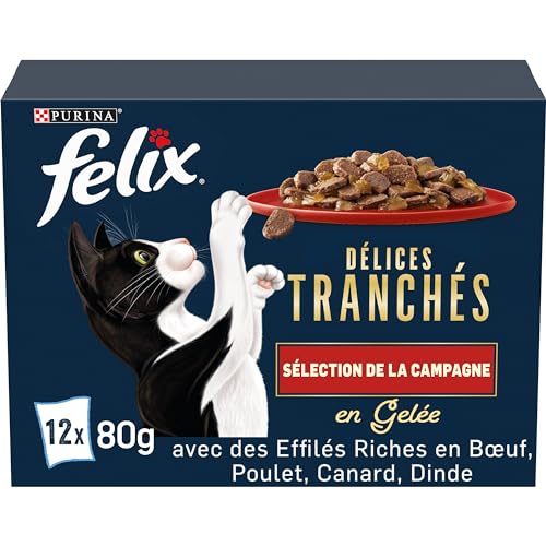 FELIX | Délices Tranchés | Sélection de la Campagne | En Gelée | Alimentation complète | Chat Adulte | au Poulet, Saumon, Cabillaud et Canard | Sachets Fraîcheurs...