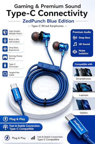 Image of Gaming Type-C Wired Earphone with Mic, 10mm Dynamic Bass Driver, Magnetic in-Ear Headphones, Low Latency Sound for Gaming, 1 Button Control, HD Calling, Voice Assistant, (LITE Blue)