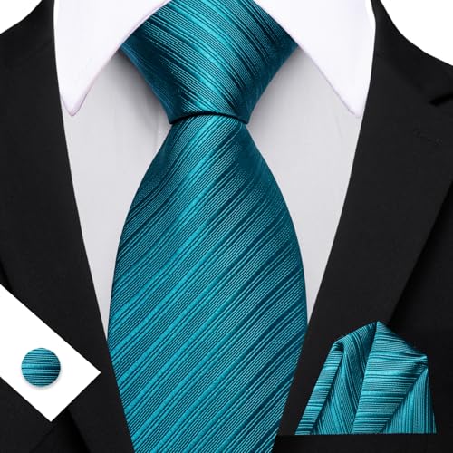 Image of Barry.Wang Solid Striped Tie for Men Silk Necktie Pocket Square Cufflinks Formal Wedding Party Business