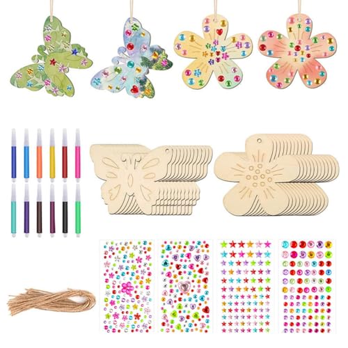 CATZUM Kit di Bricolage per Bambini, 40 Pezzi, Creativo in Legno con Fiori, Penne Acquerello e Adesivi di Pietre Preziose, Lavoretti Artigianali, Farfalle e Crafting DIY Hobby Pittura Giochi