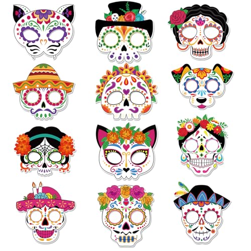 Qpout 24Pcs Day of The Dead Masks,Colorful Halloween Sugar Skull Face Costume Masks Paper Dia De Los Muertos Decorations for Kids Adults Masquerade Halloween Mexican Day of the Dead Party