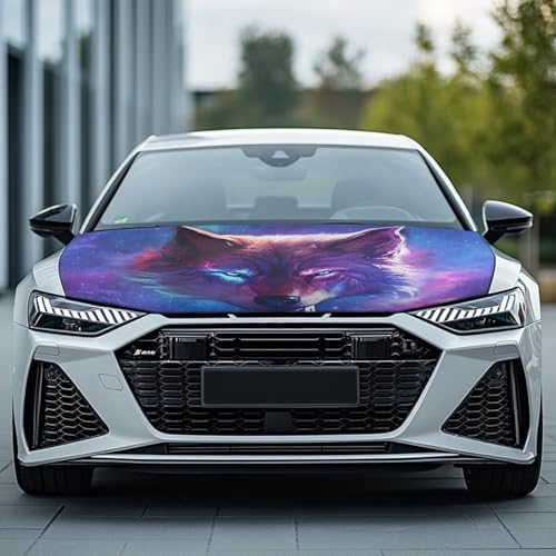 Image of Blue Wolf Car Hood Cover Slip-On Washable Elastic Weatherproof Fabric Elastic Band Fixation Fits Most Cars