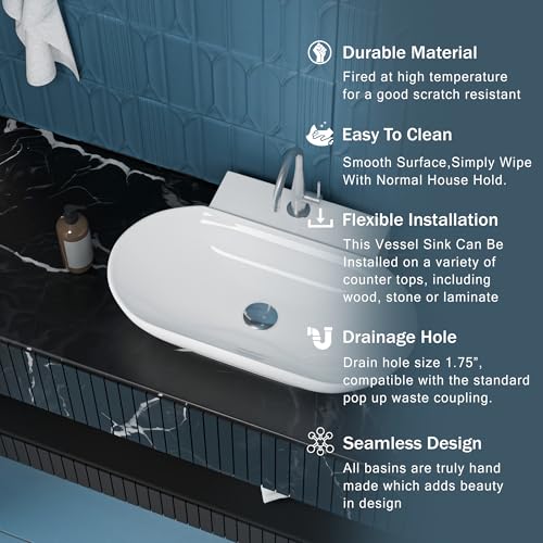 Image of Meta Bathware Premium Oval Wash Basin | Wall Mount Ceramic Sink for Bathroom | Sleek Glossy Finish | Scratch Resistant & Easy Clean | Modern Sanitary Ware for Home & Office (22.5x16x5 Inch)