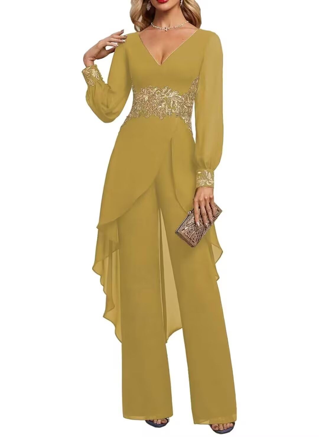 2 Pieces Chiffon Mother of The Bride Pant Suits for Wedding V Neck Gold Appplique Formal Pantsuits PG017