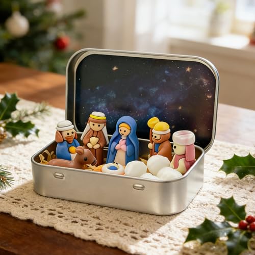 Gucbbaui Mini Christmas Nativity Set in a Tin Box, 3.74'' x 2.36'' Little People Sets Christmas Decorations...